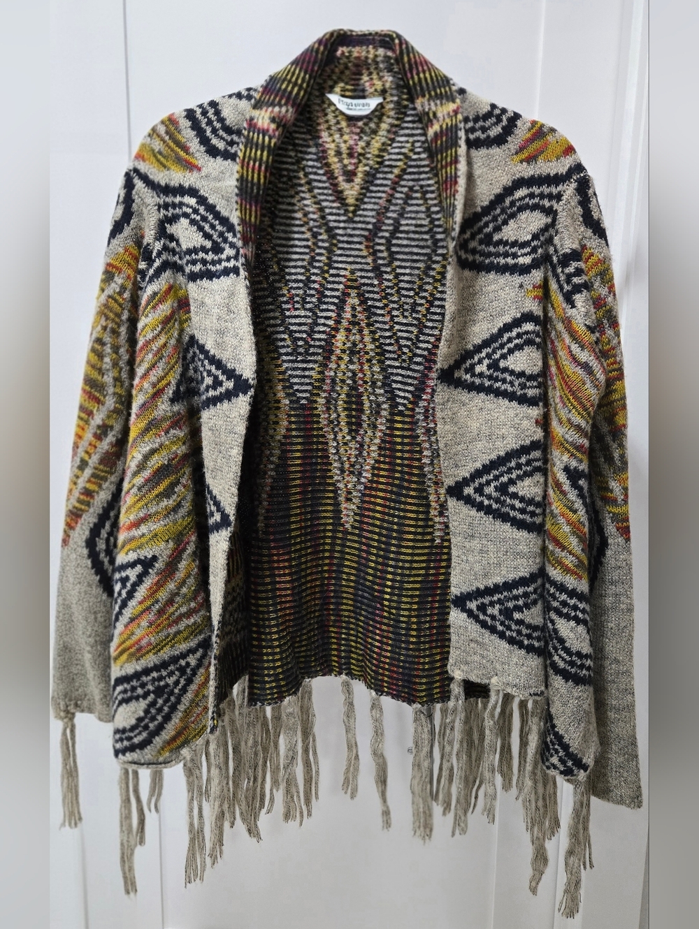 Multicolor Aztec Style Fringe Open-Front Cardigan